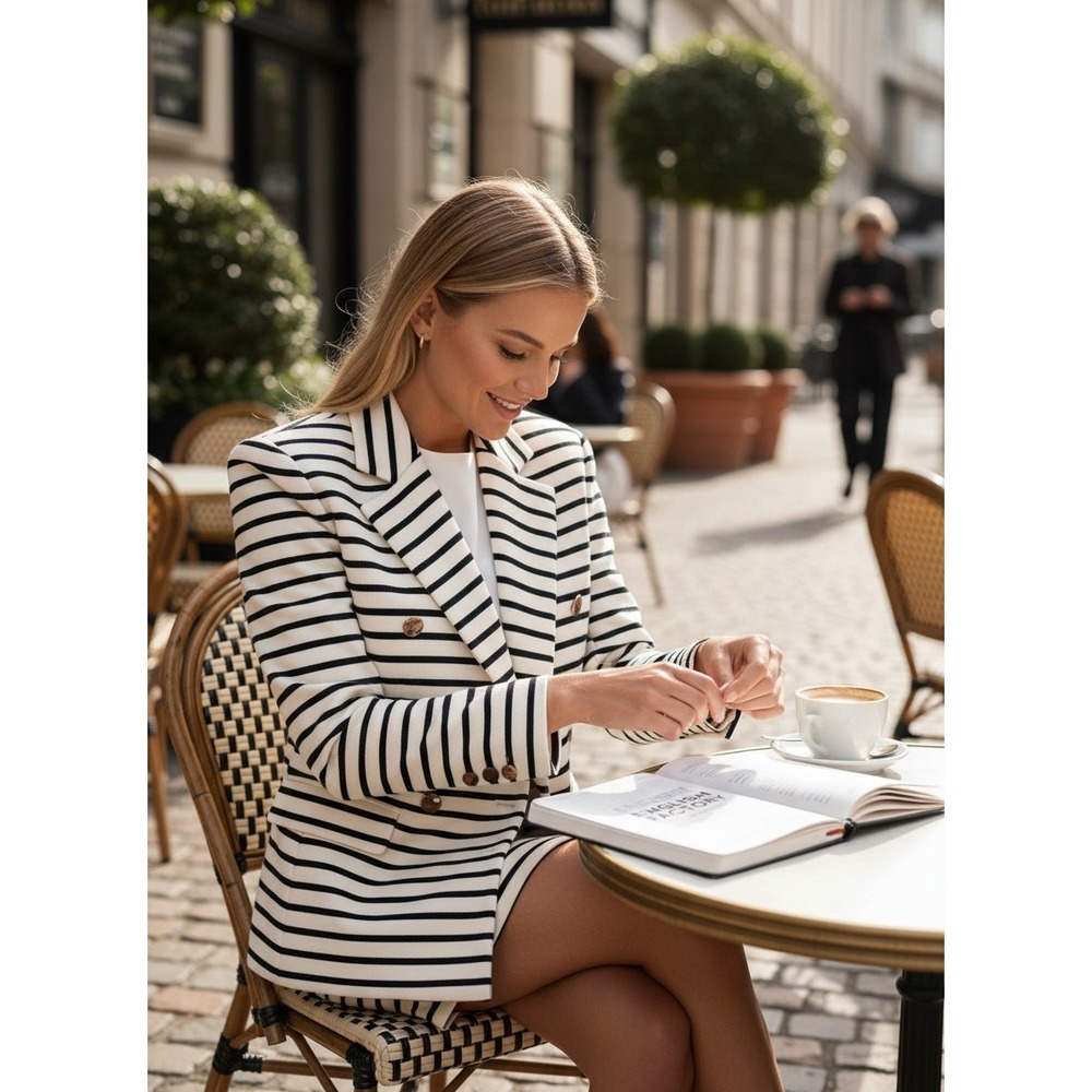 English Factory Cream & Black Striped Double‑Breasted Blazer – Women's - S